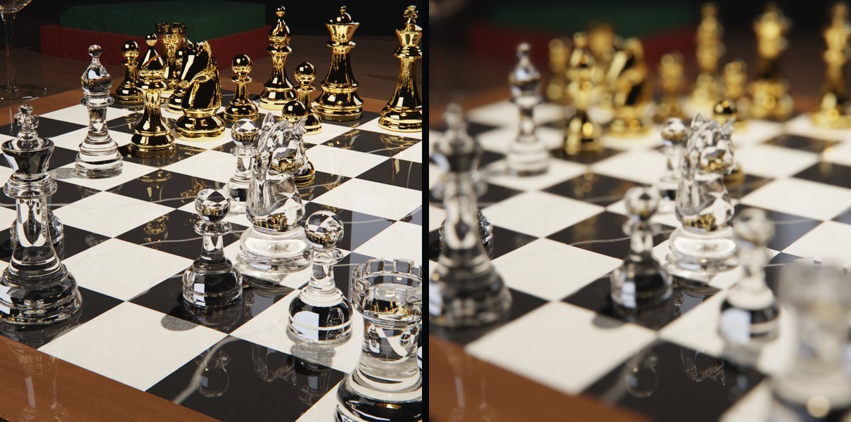 The same view of the chess board twice. On the left everything is sharp. On the right only the middle of the board is sharp, and the near and far pieces are blurred.