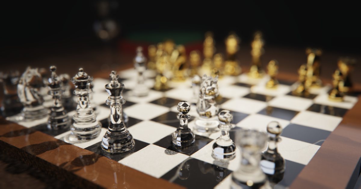 Glass and gold chess pieces on a black-and-white marble board, the middle pieces sharp, the nearest and farthest softly out of focus.